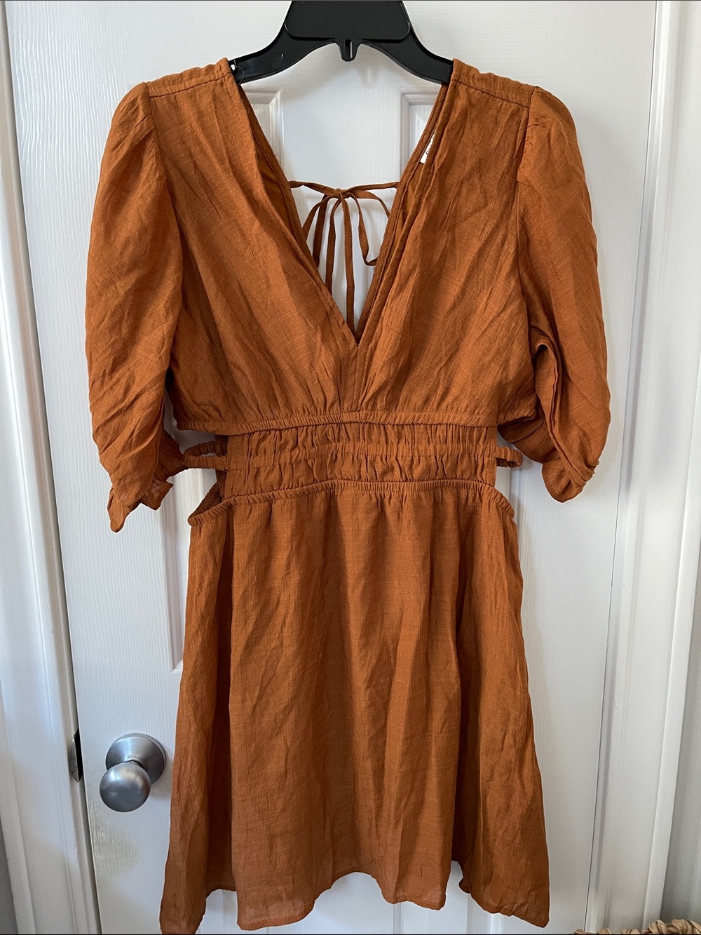 Backless Rust V-Neck Smocked-Waist Women's Dress